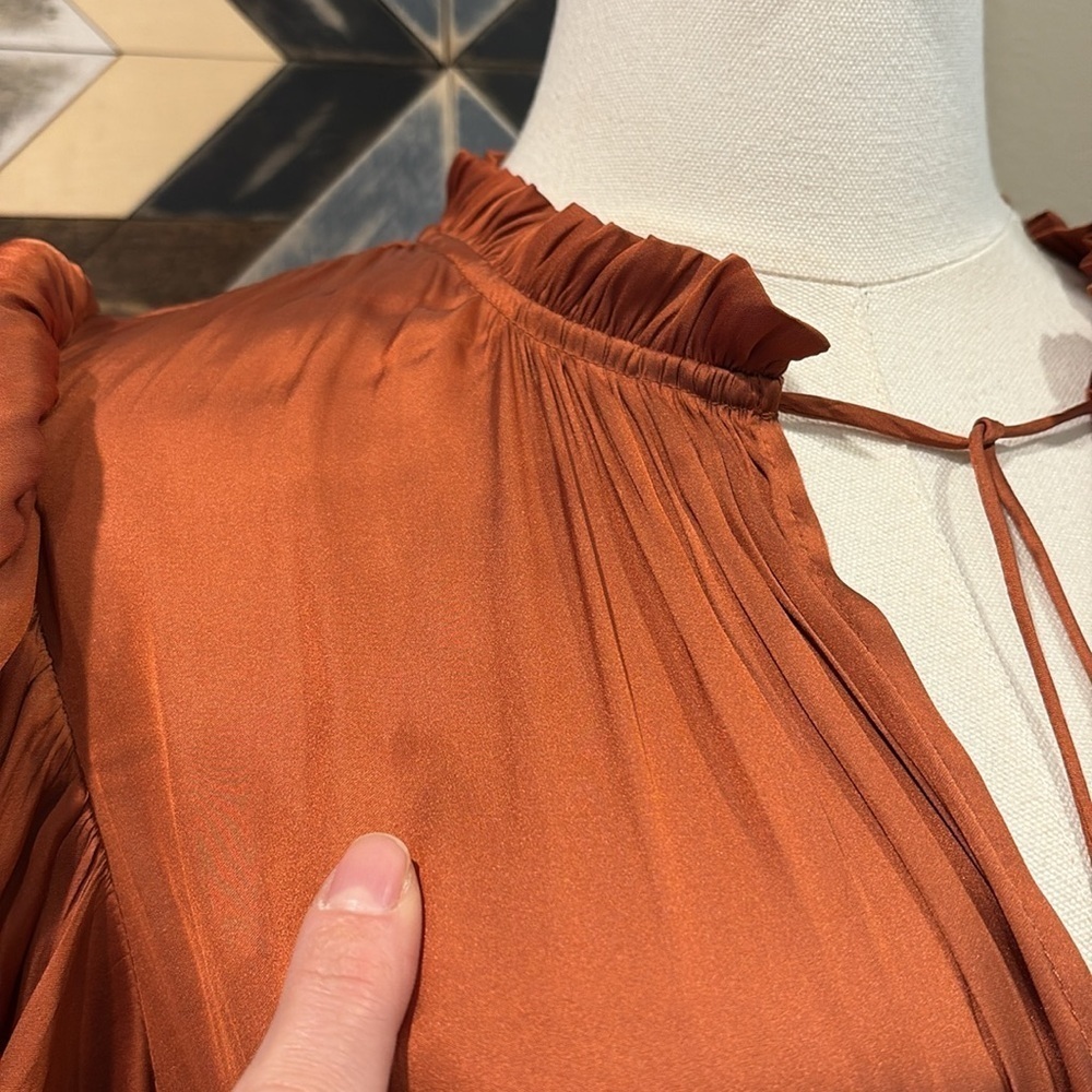 Ulla Johnson Luisa Satin Ruffle Mini Dress in Rust Red size 4 *As-Is* - Picture 5 of 16